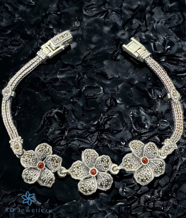 The Floral Sparkle Silver Marcasite Bracelet (Red)