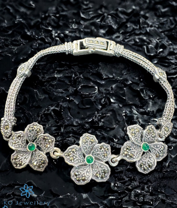 The Floral Sparkle Silver Marcasite Bracelet (Green)