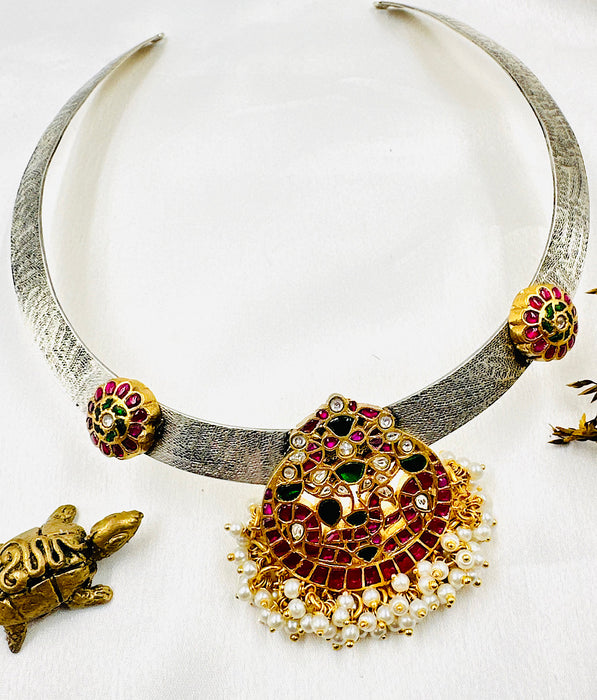 The Silver Antique Peacock Hasli Necklace (2 tone)