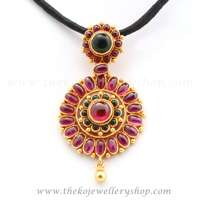 Round shaped Floral motif Kempu stone studded sterling silver necklace shop online 