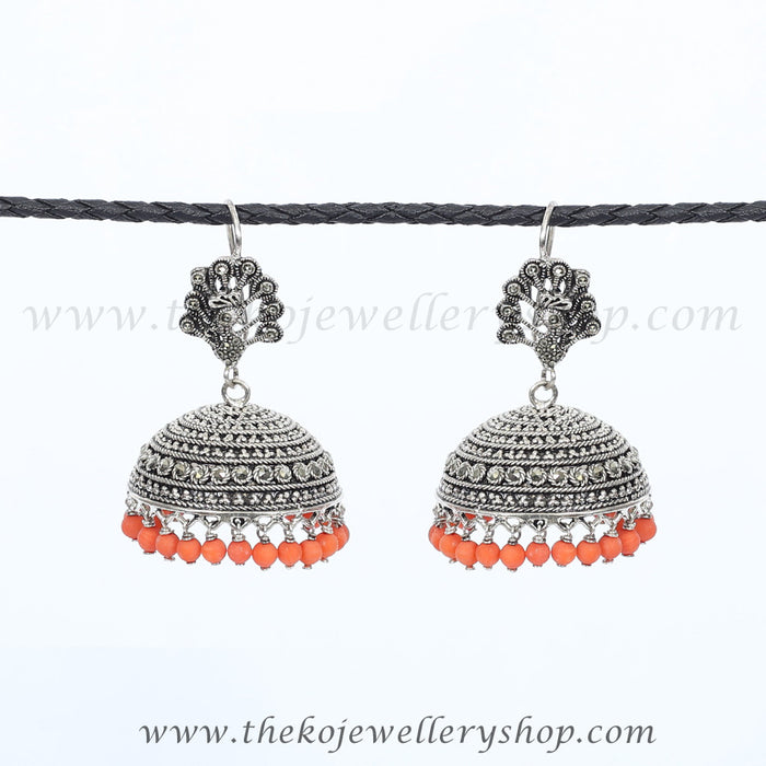 Orange beads pure silver jhumka shop online