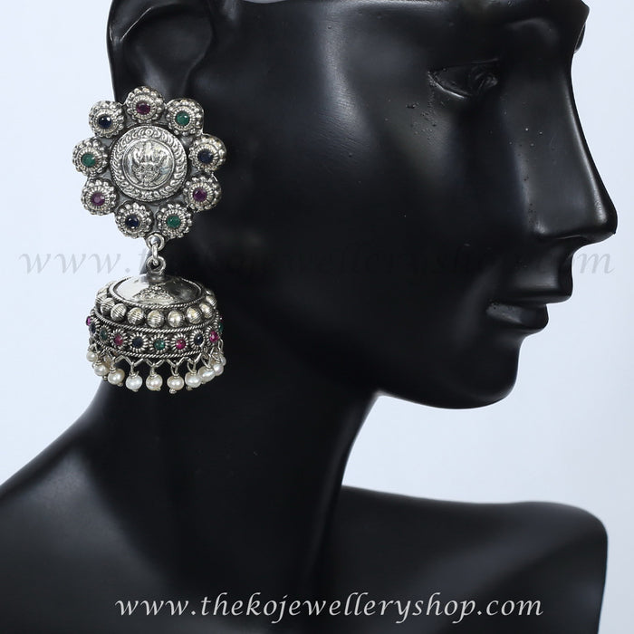 Divine themed silver jhumka red/green stones buy online