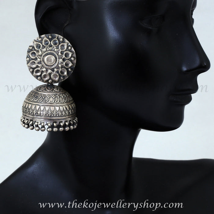 Handcrafted ornate  silver jhumka buy online