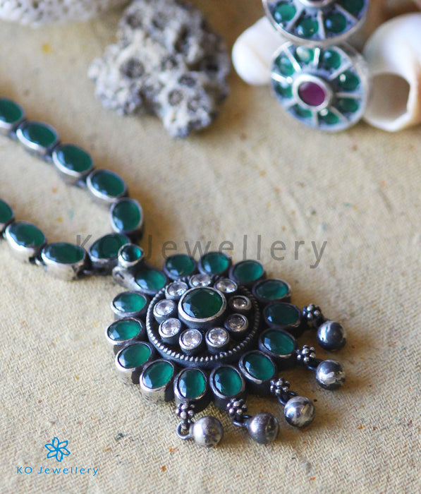 The Shruti Silver Kempu Necklace (Green/Oxidised)