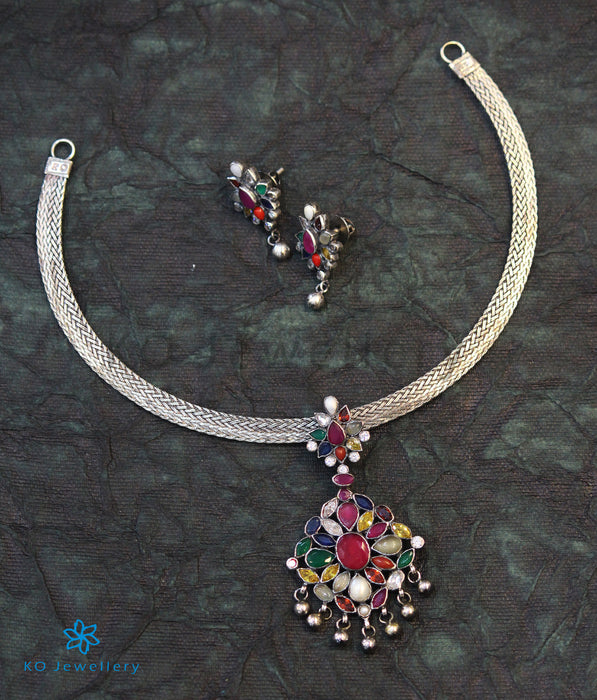The Aham Silver Navaratna Necklace (Oxidised)