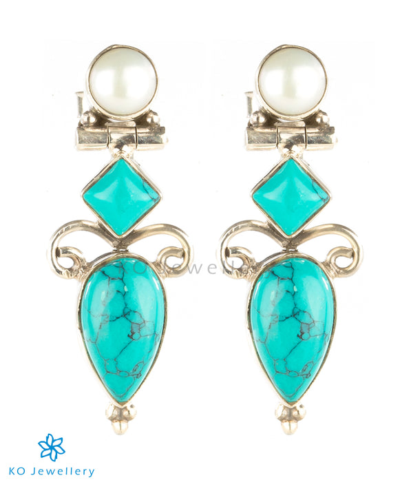 formal earrings combining fresh water pearl and turquoise in an exquisite design
