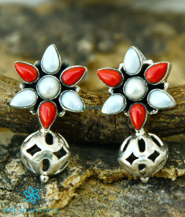 The Preksha Silver Gemstone Earrings (Coral/Pearl)