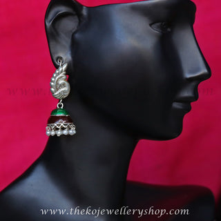 Hand crafted silver peacock multi colour jhumka shop online
