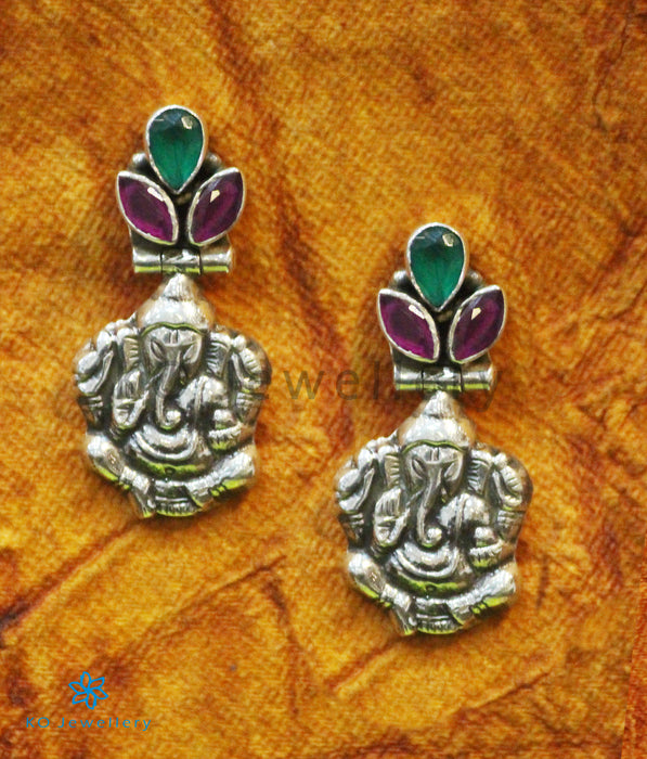 The Akhuratha Silver Gemstone Ganesha Earrings (Red/Green)