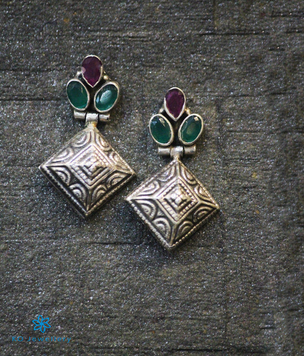 The Rangoli Silver Gemstone Earrings (Red/Green)