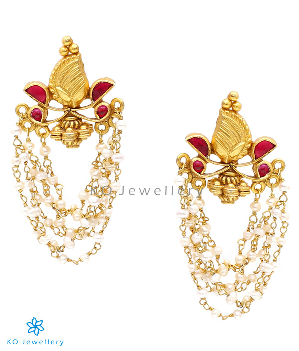 Pure silver kundan earrings with paisley motif and pearl strings