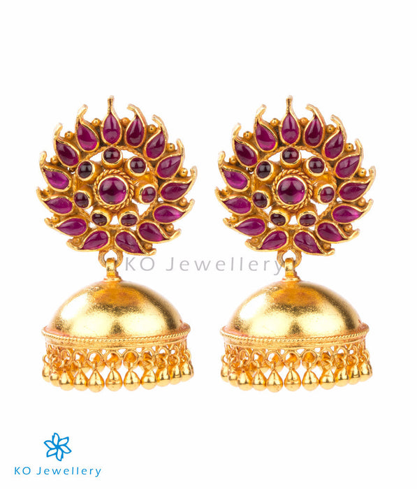 Attractive gold-dipped jhumkas authentic temple jewellery design