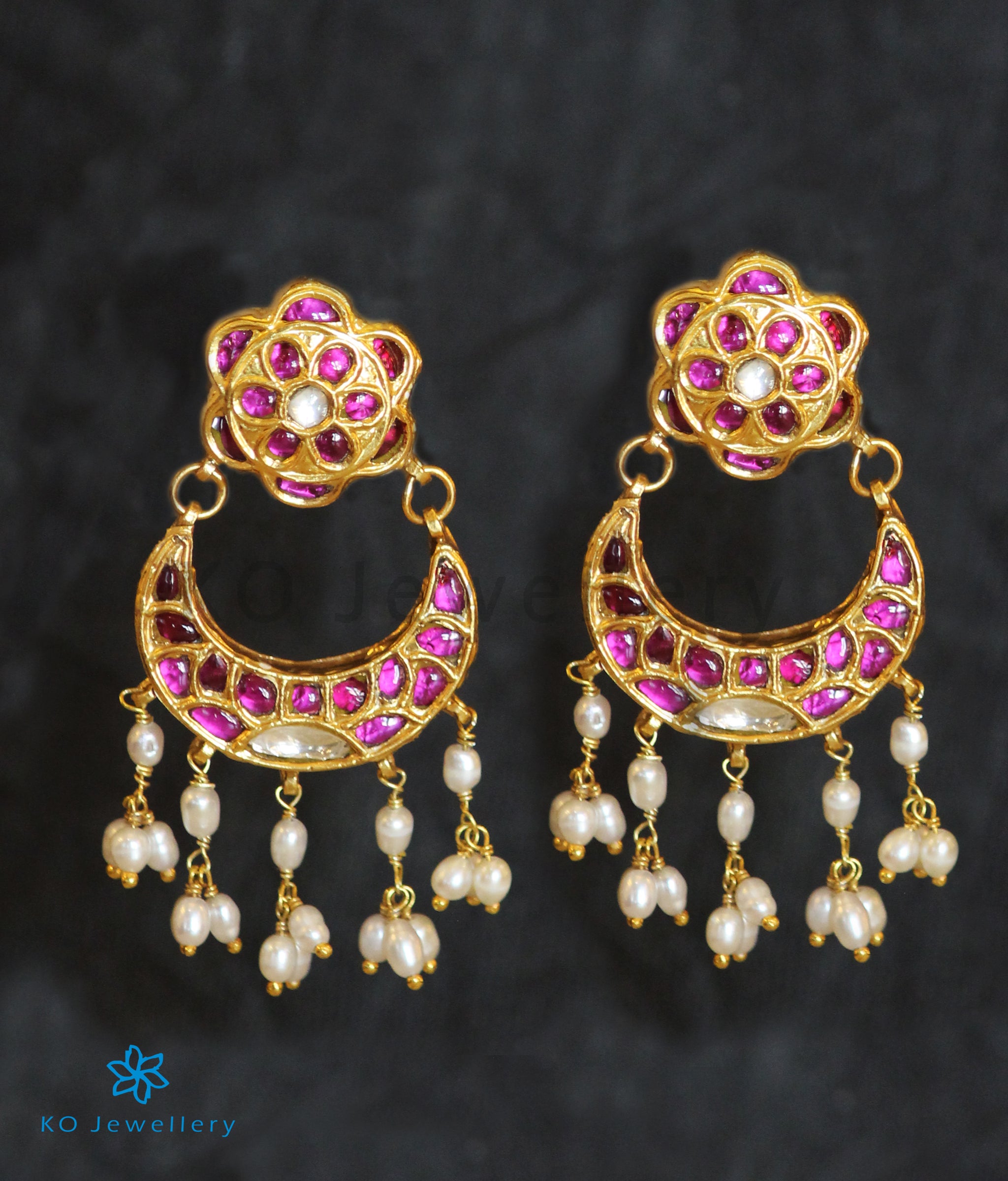 The Nazreen Silver Kundan Chand-Bali Earrings KO Jewellery