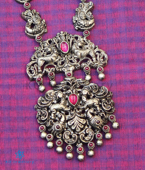 The Kairav Silver Peacock Nakkasi Necklace (Oxidised)