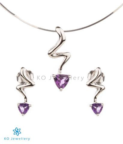 contemporary work wear jewellery set combining silver and exquisite amethyst