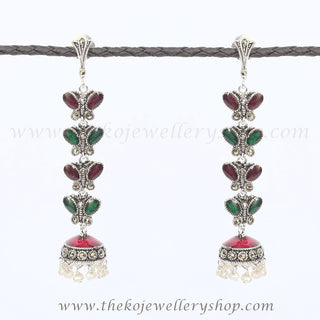 Red green stones silver jhumka shop online