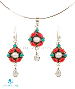 Colourful gemstone pendant and earring set online shopping India