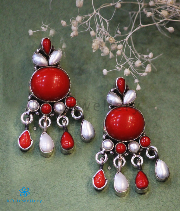 The Kiara Silver Gemstone Earrings (Coral/Pearl)