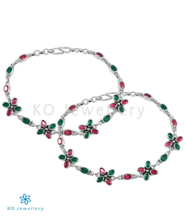 The Kadambari Silver Gemstone Anklets (Red/Green)
