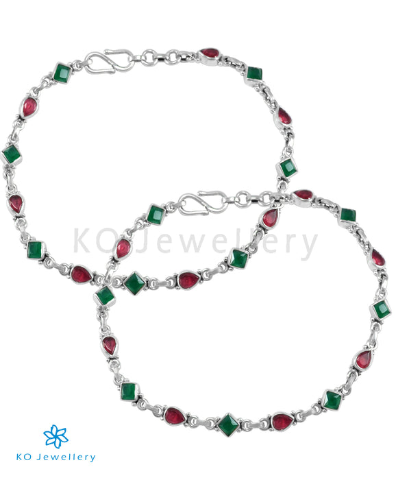 The Akshara Silver Gemstone Anklets (Red/Green)