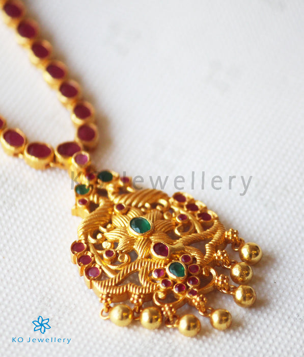The Saransh Silver Kempu Peacock Necklace(Red)