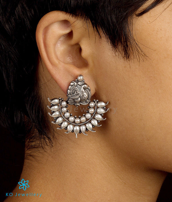 The Mayil Silver Peacock Earrings(Pearl)