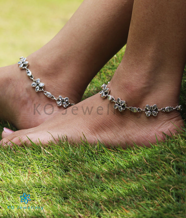 The Kadambari Silver Gemstone Anklets (White)