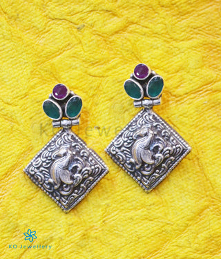 The Ahidvis Silver Peacock Gemstone Earrings (Red/Green)