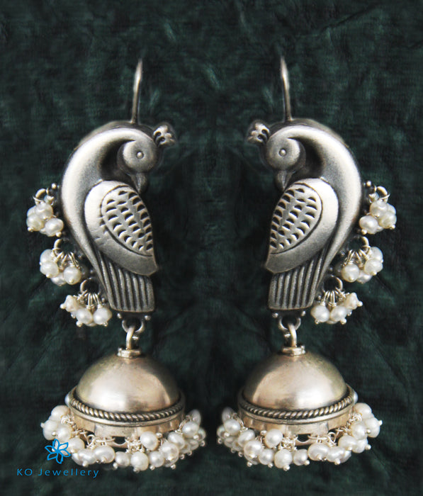 The Kira Silver Parrot Jhumka (Pearl)