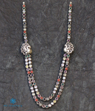 The Abhinaya Silver Reversible Peacock Navratna Necklace (Oxidised)