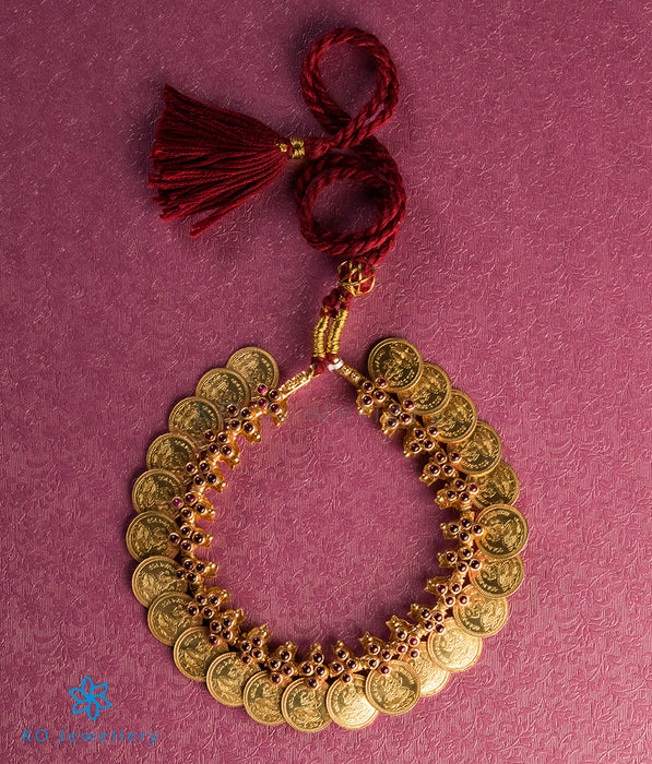 The Medhavin Antique Silver Kasu Necklace(Red)