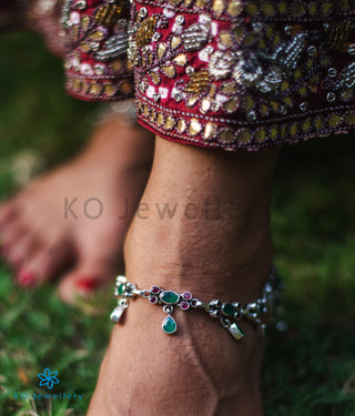 The Darsh Silver Gemstone Anklets (Red/Green)