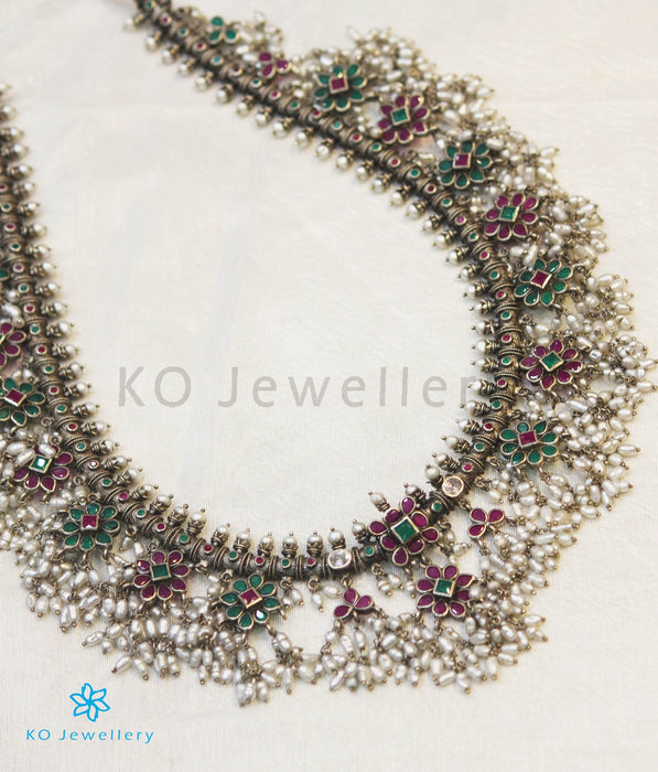 The Maya Silver Guttapusalu Necklace (Oxidised/Red&Green)