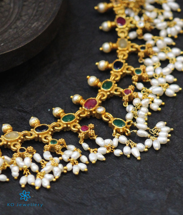 The Pratyusha Silver Navratna Necklace (Long/Rice Pearls)