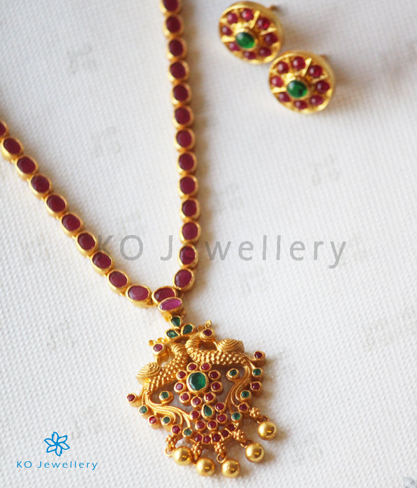The Samarth Silver Kempu Peacock Necklace(Red/Green)