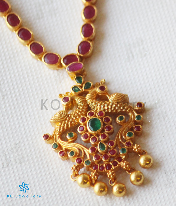 The Samarth Silver Kempu Peacock Necklace(Red/Green)