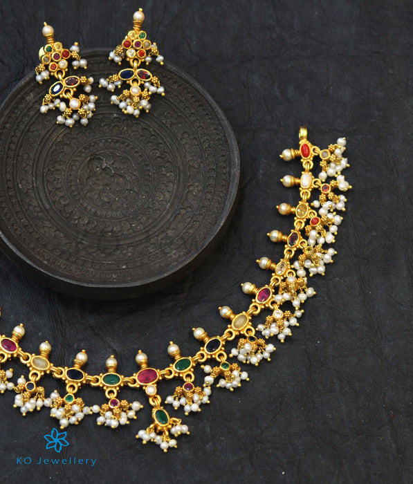The Pratyusha Silver Navratna Necklace (Round Pearls)