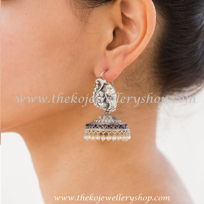 Hand crafted silver peacock jhumka shop online