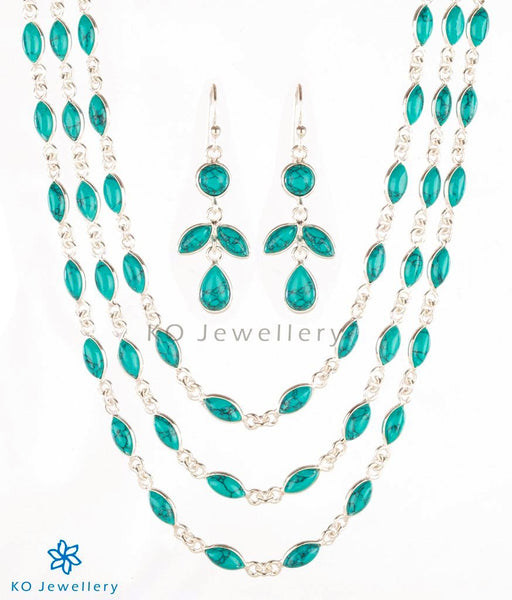 Charming turquoise and silver three-string long necklace
