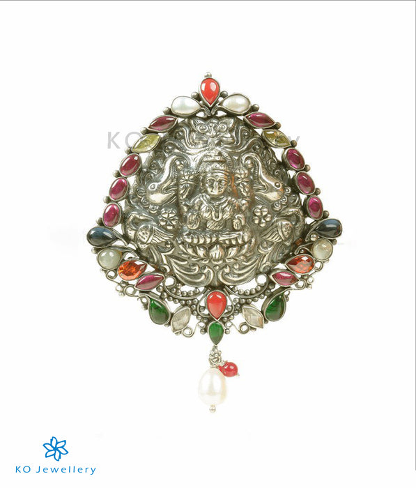 The GajaLakshmi Silver Navratna Pendant( Oxidised)