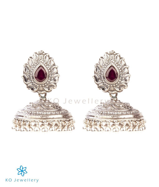 Handcrafted antique silver temple jhumkas with red kempu stone