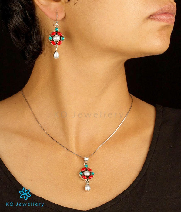 Pearl, coral and turquoise pendant set online shopping India