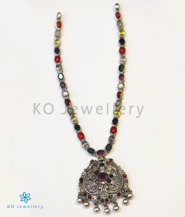 The Sachi Silver Peacock Navaratna Necklace (Oxidised)