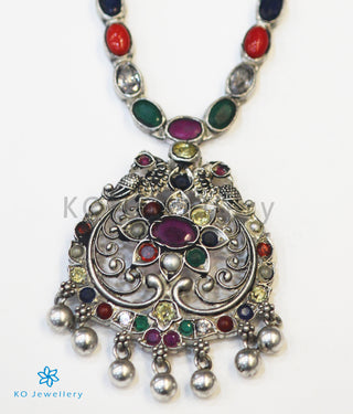 The Sachi Silver Peacock Navaratna Necklace (Oxidised)