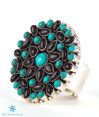 The Prisha Silver Gemstone Cocktail Finger-ring(Black/Turquoise)