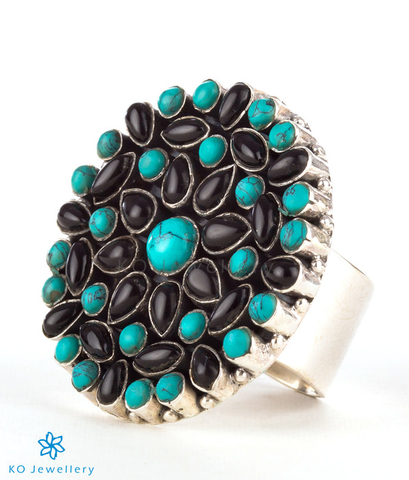 Turquoise Black Jet Long Ring Sterling Silver Zuni Signed 7 - Yourgreatfinds