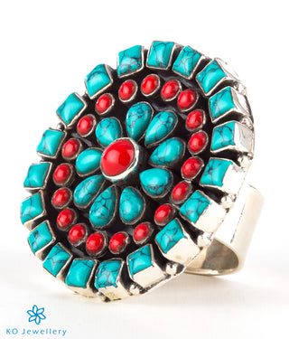 The Chitrani Silver Gemstone Cocktail Finger-ring (Coral/Turquoise)