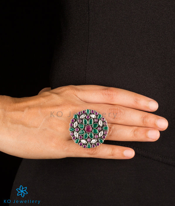 The Prisha Silver Gemstone Cocktail Finger-ring(Black/Turquoise)