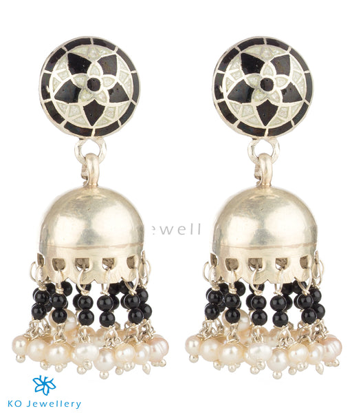 Handcrafted silver jhumkis with traditional mina work