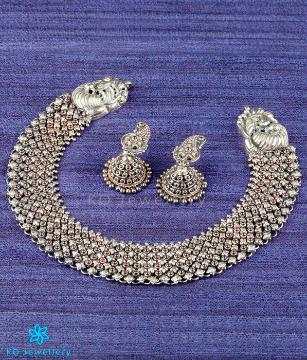 The Ahibhuj Antique Silver Peacock Necklace (Oxidised)